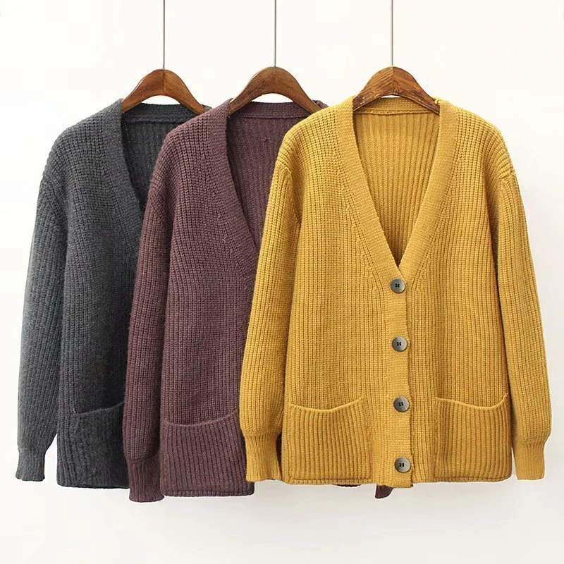 

2019 Women Cardigans Sweater V neck Solid Loose Knitwear Single Breasted Casual Knit Cardigan Outwear Winter Coat