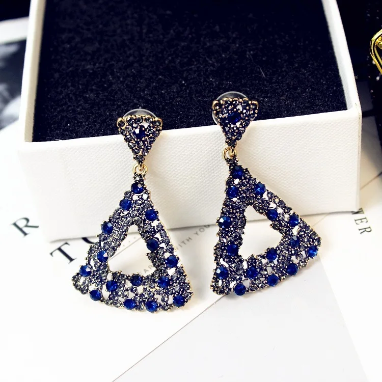 

Crystal Big Earrings For Women triangle Geometric Pendant Retro Statement Earrings Water Drops Blue crystal Earings Party Jewelr