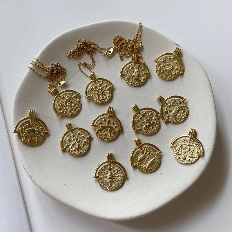 

Silvology 925 Sterling Silver 12 Constellations Pendant Necklace Round Gold Emboss Necklace for Women 925 Constellation Jewelry
