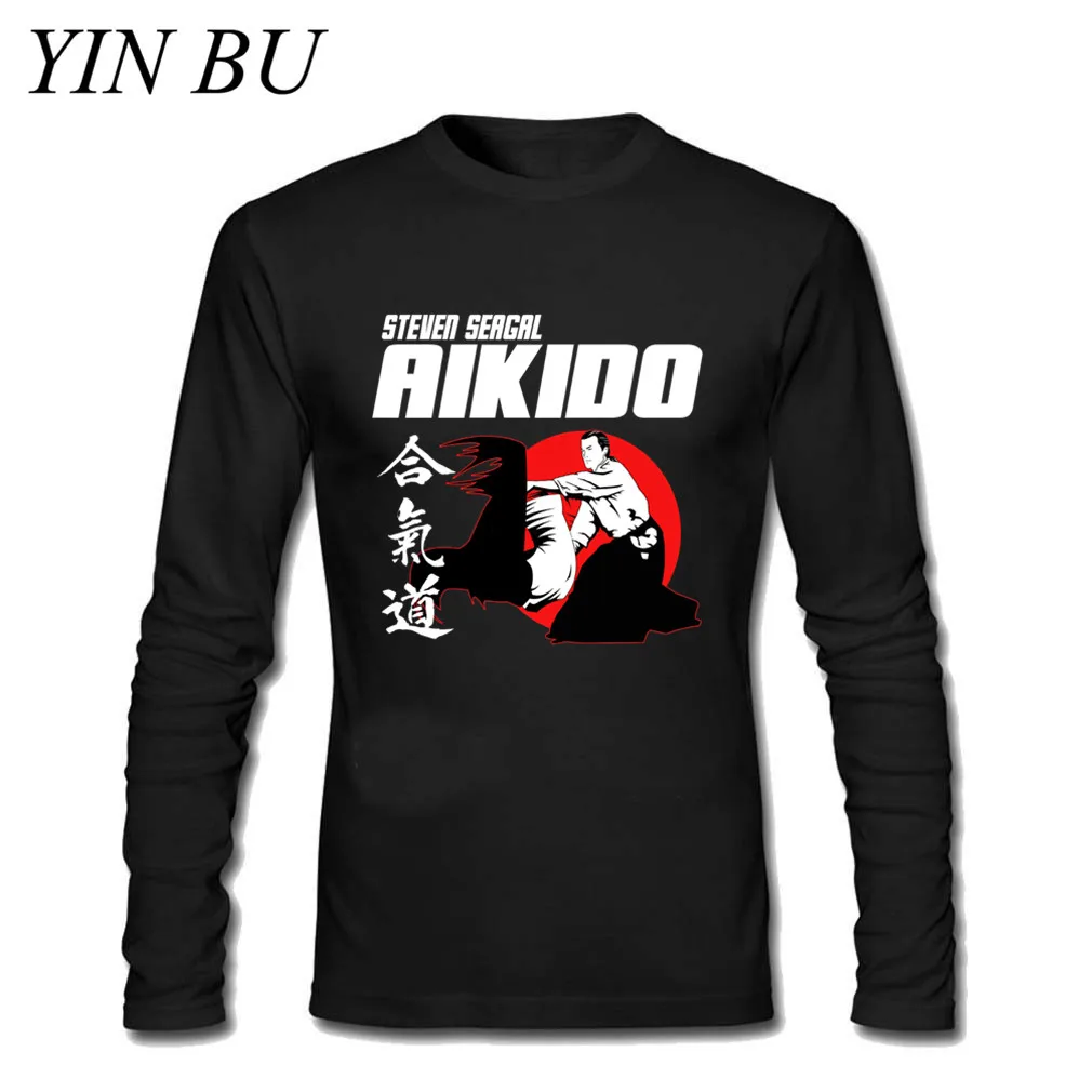 Мужские футболки Steven Seagal Aikido для боевых искусств, Япония, Кандзи, на заказ, с длинным рукавом, Harajuku Camiseta, футболка, мужские футболки - Цвет: Черный