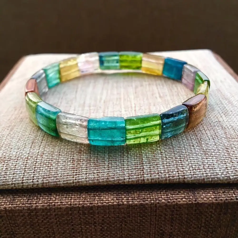 

Genuine Natural Brazil Colorful Tourmaline Bracelet For Women Lady Crystal 9x7.8mm Clear Rectangle Beads Bangle Bracelet AAAAA