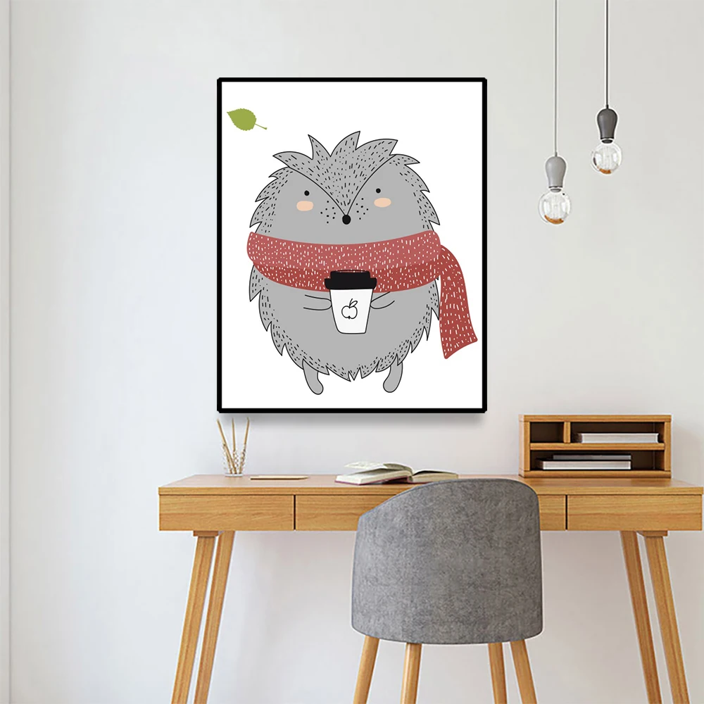 

Canvas Poster Painting Cute animal holding a hot drink Greeting Creative Wall Decor Picture Home Decoration Office Living Room