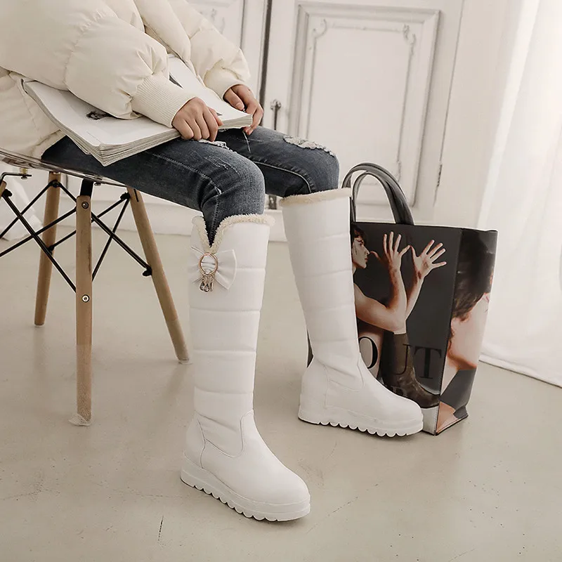 ESRFIYFE New Pu Leather Winter Boots Women Shoes Boots Knee High Boots Winter Warm Plush Thick Heel Platform Snow Boots