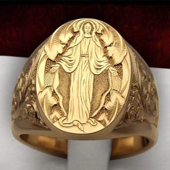 

Vintege Punk Rings For Men Rock Virgin Mary Hand Engraving Memento Legend Myth Character Design Gold Color Retro Ring 03T754