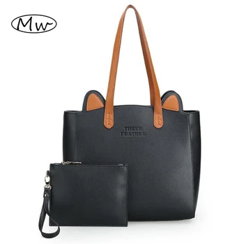

High Quality Big Tote Bag 2019 Autumn Winter Women Leather Handbags Cute Cat Ears Shoulder Bag Mom Shopping Bag Bolsos MujerM396