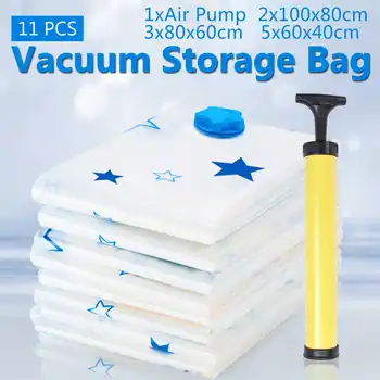 

11 Pcs Home Organizer Vacuum Storage Bag Transparent Foldable Clothes Organizer Seal Compressed Travel Saving Package With Pump