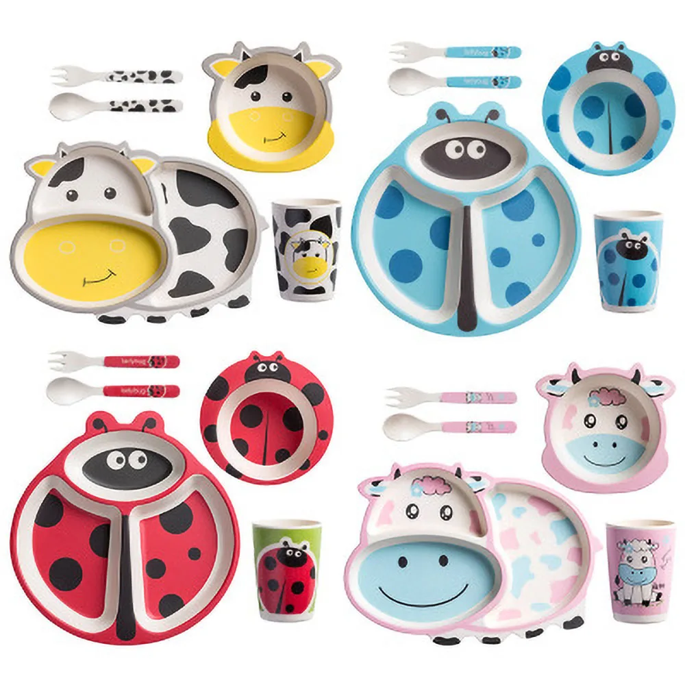 

Bamboo Fiber Children Cutlery Set Creative Cartoon Bowl Divider Plate Spoon Fork Cup Five Piece Gift Tableware