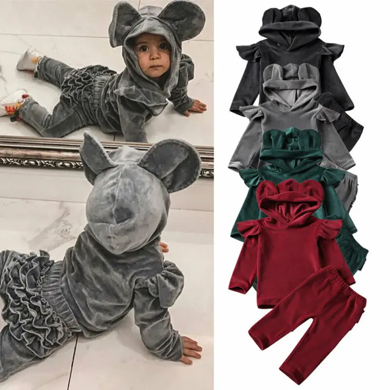 Autumn Winter Kids Baby Girls Boys Clothes Sets Velvet Solid 3D Ears Hooded Long Sleeve Tops+Pants 2pcs Toddler Kid Tracksuit | Мать и