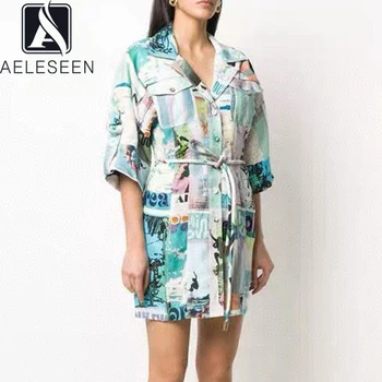 

AELESEEN Fashion Designer Autumn Mini Dress Women Letter Printed Belt Female Casual Bohemian Beach Party Holiday Dress Vestidos