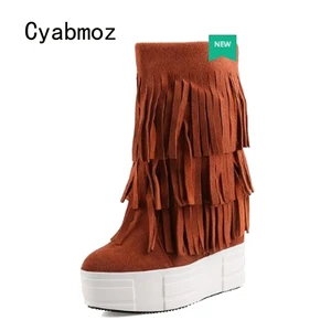 Cyabmoz New Short Winter Snow Boots Height increasing Shoes Women Platform Tassel Genuine Leather Hidden High heels Party Shoes