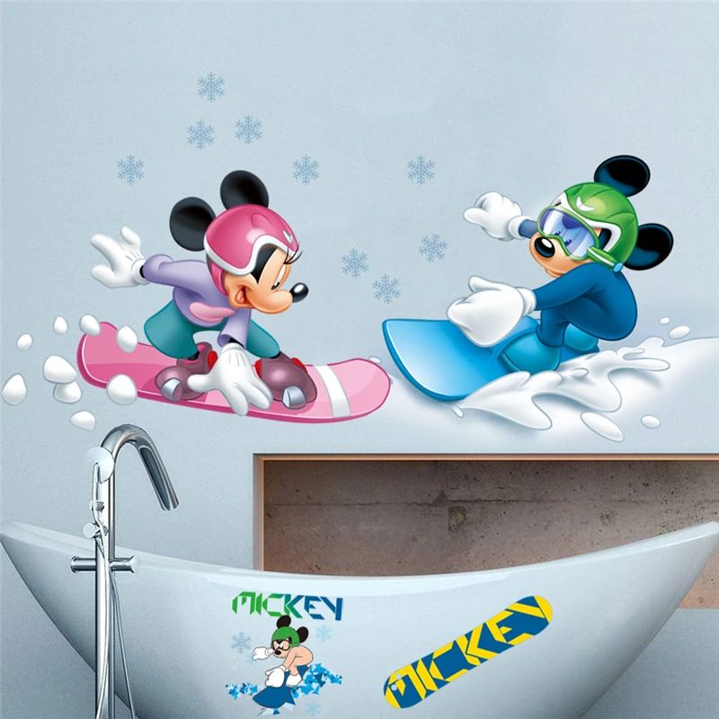 Disney Mickey Minnie Go Skiing Wall Stickers For Kids Rooms Bedroom Home Decor Cartoon Wall Decals Pvc Mural Art DIY Wallpaper