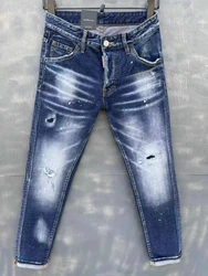 Pantalones vaqueros de moto para hombre, ropa de tendencia de moda 2021, desgastados, lavados, con agujeros, con puntos de pintura, 9150