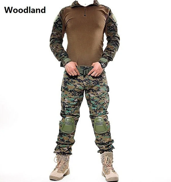 Тактическая камуфляжная Военная униформа одежда костюм для мужчин армии США Мультикам страйкбол боевая рубашка+ брюки карго наколенники - Цвет: Digital Woodland