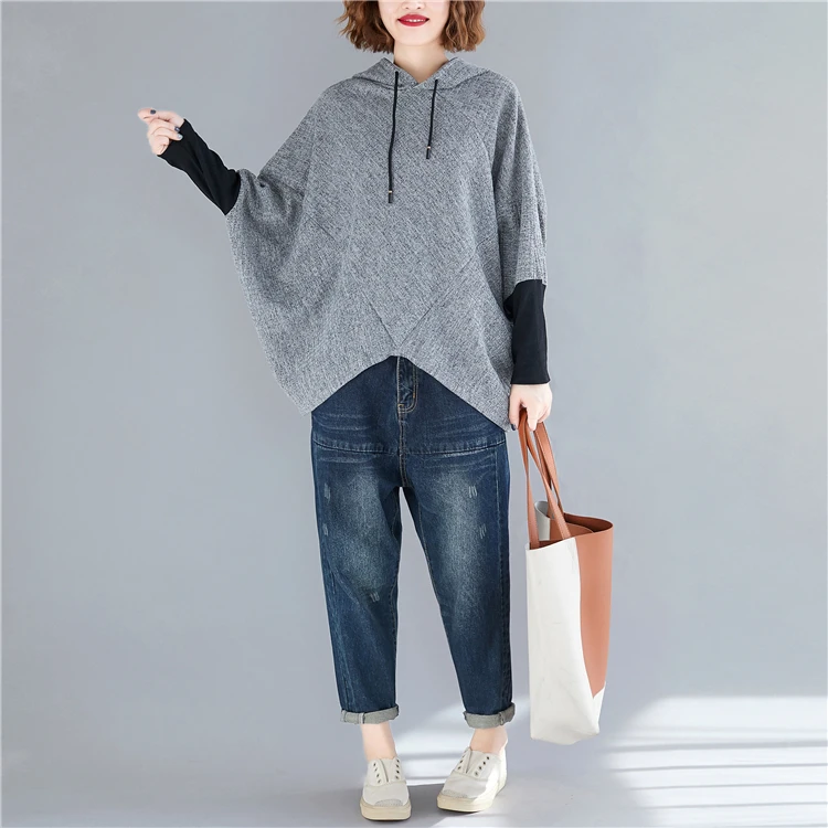 Осенне-зимние женские модные элегантные однотонные Кофты с аппликацией в виде летучей мыши женские свободные толстовки с капюшоном с длинным рукавом