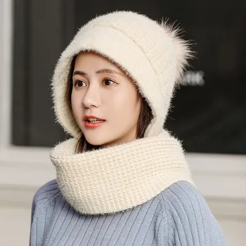 

Winter Knitting Skullies Beanie Hats Women Solid Pompom Soft Warm Caps Stretchy Outdoor Ski Cycling Cap Scarf Set