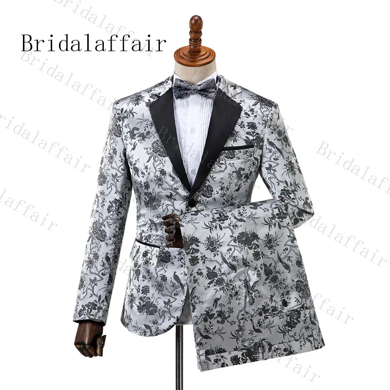 Костюм Bridalaffair Homme, серебристо-серый Magie and flower, мужские костюмы Terno Masculino, смокинг для выпускного, вечерние костюмы с цветочным рисунком, 3 предмета