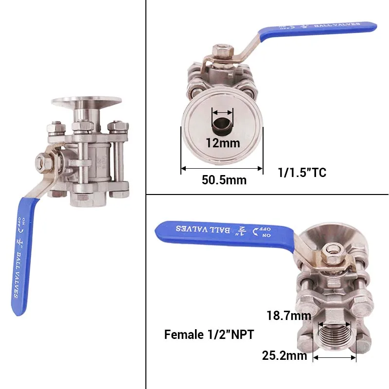 Нержавеющий шаровой кран 1," TC до 1/2" Мама NPT 304 из нержавеющей стали 3 шт дизайн 1/" ID корпус клапана