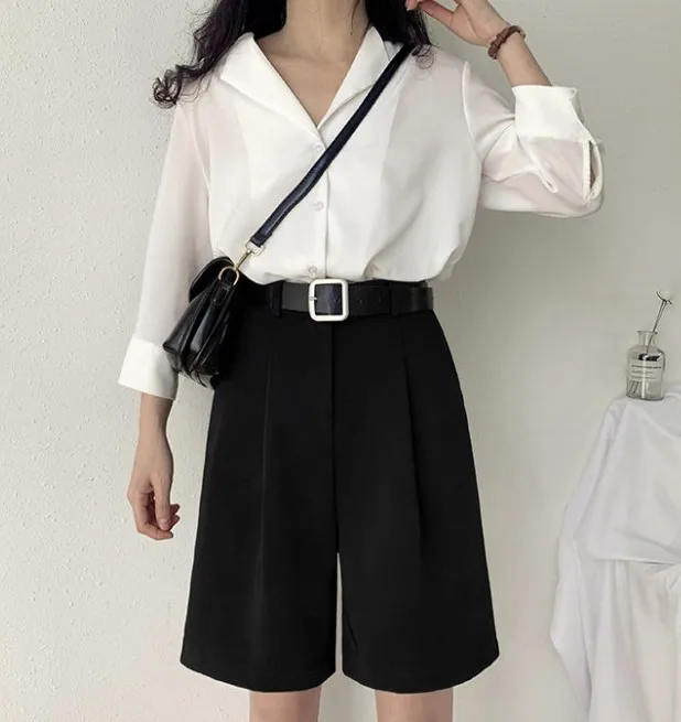 

2020 Korean Brief Design Suit Shorts For Women Fashion Solid Color High Waist Wide Leg XXL Plus Size Casual Office Ladies Bottom