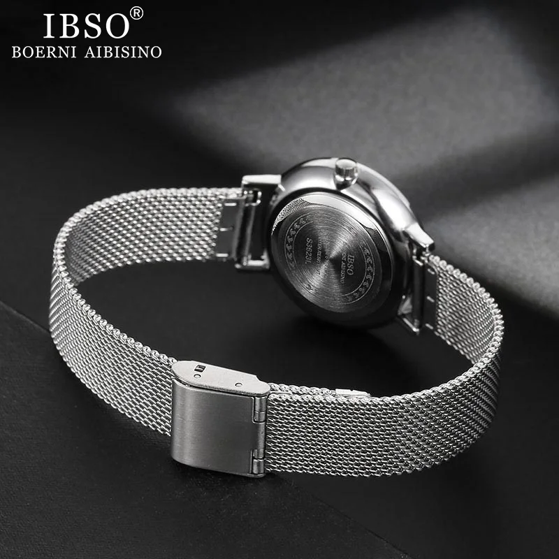 IBSO Women's Watches Set 8mm Ultra thin Silver Mesh Stainless Steel Strap Quartz Clock Hours Sets Ladies Birthday Gift