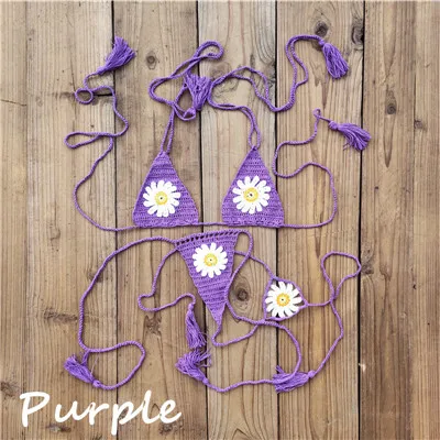 Purple 13 цветов ручной вязки кружева стринги ромашка аппликация Мини Набор микро-бикини Купальники для купания - Color: Purple