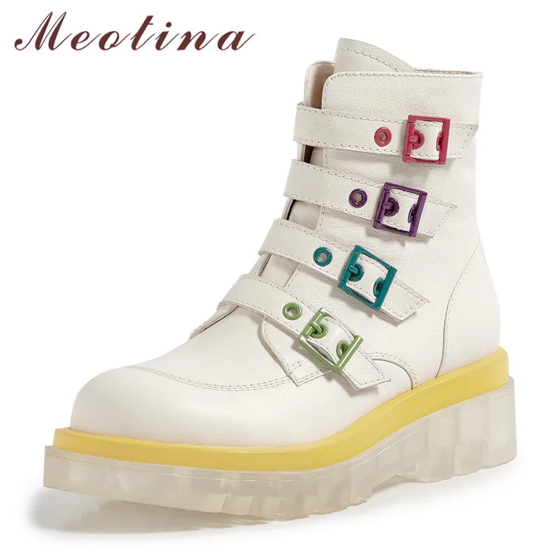 

Meotina Women Ankle Boots Shoes Buckle Real Leather Platform High Heel Boots Crystal Thick Heels Zip Short Boots Lady Black 40