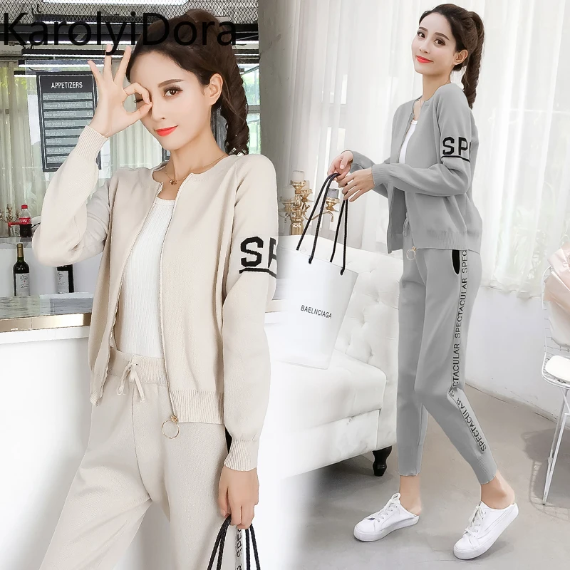 Women's suit 2020 Spring and autumn new fashion knit sweater sports suit women's cardigan thin casual pants 2 piece set women 1