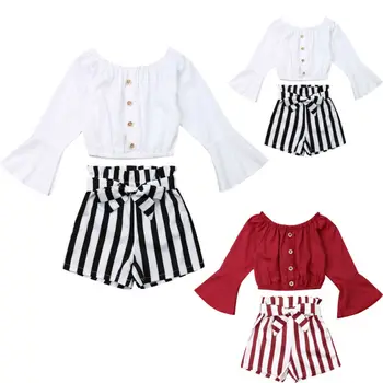 

Pudcoco Kids Toddler Baby Girl Clothes Flared Sleeve T-shirt Tops +Striped Shorts Pants Summer Kids Clothing Outfit Set 1-5T