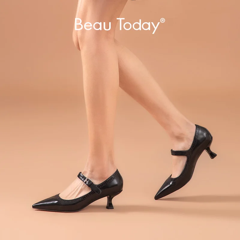 Туфли BeauToday женские из натуральной коровьей кожи заостренный носок ремешок с
