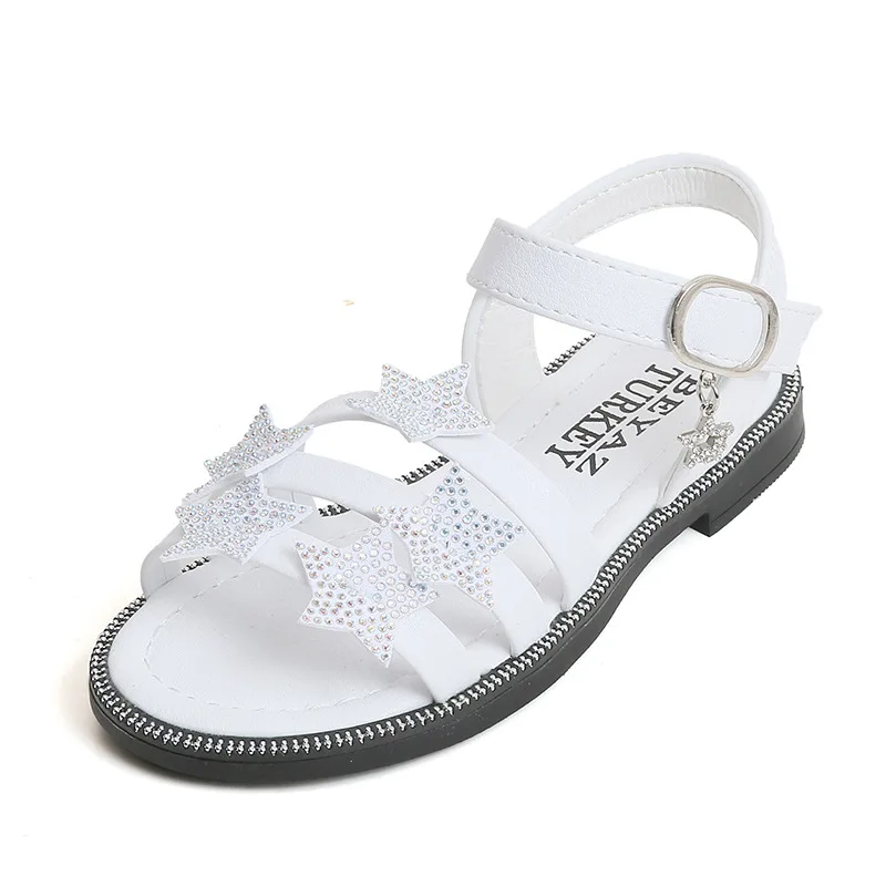2020New Big Girls Sandal Rhinestone Stars Kids princess Shoes child Kids Sandal Girls Black Pink White 4T 5T 6T 7T 8T 9T 10T-14T
