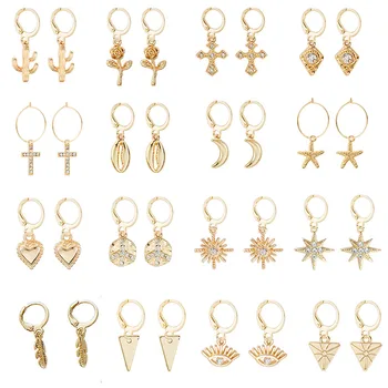 

SOHOT Trendy Gold Color Alloy Chic Heart Moon Star Flower Cross Pendant Women Hoop Earrings Geometric Female Jewelry Brinco