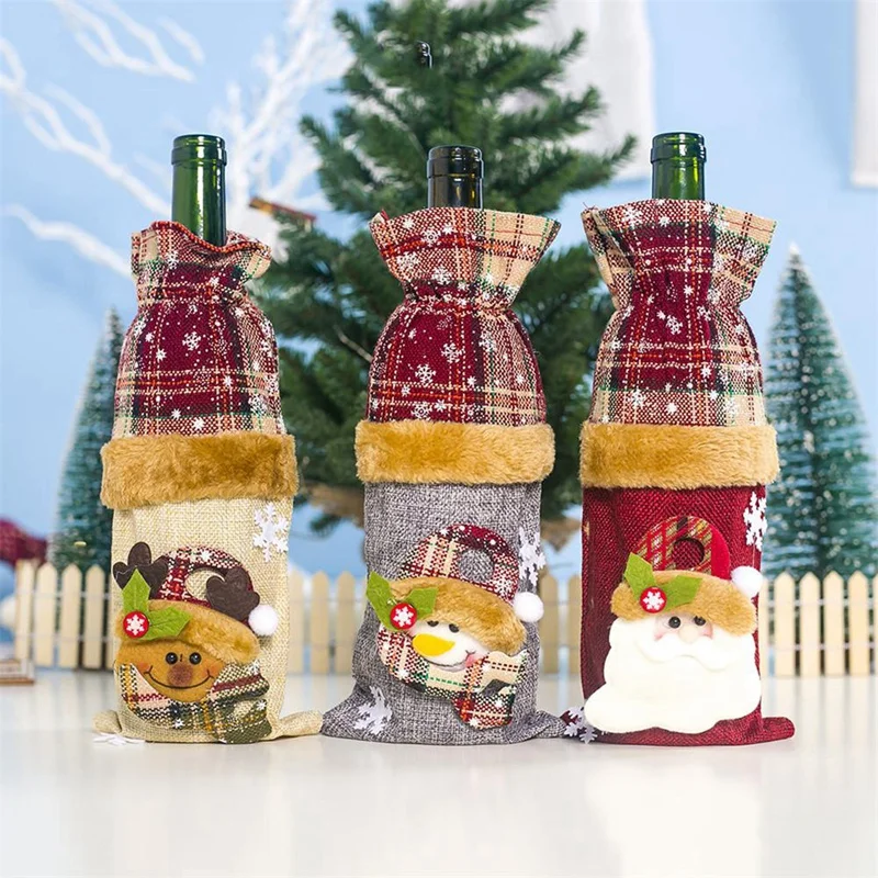 3 Pcs Christmas Wine Bottle Cover Santa Snowman Sweater Holiday Champagne Bottle Cover Xmas Party Dining-Table Bottle Decoration