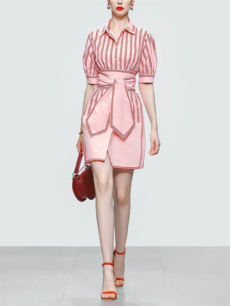 

Striped Shirt Women Dress Party Summer Designer Dress With Belt Short Sleeves Evening Dresses Pink Casual Gown In Stock