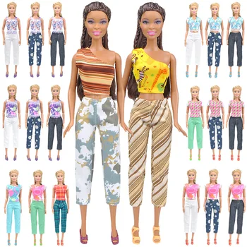 

5 PCS Handmade Fashion Outfit Short Dress Cartoon Cute Pattern T-shirt Leggings Trousers Accessories Clothes for Barbie Doll Toy