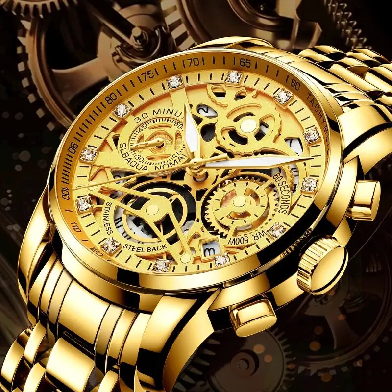 NEKTOM Брендовые мужские наручные часы кварцевые роскошные золотые мужские часы 316L из нержавеющей стали Водонепроницаемые многофункциональные мужские часы - Цвет: gold