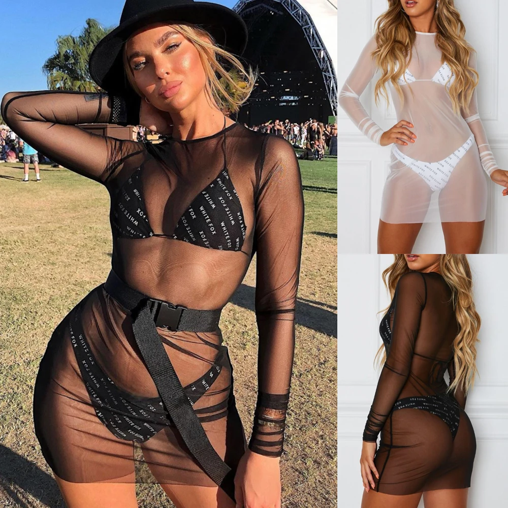 Hirigin Mesh See Through Sexy Dress Womem Sundress Summer 2020 New Long Sleeve Lace Mini Party Fits Beach Bikini Cover Up | Женская