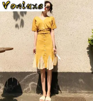 

2020 Summer Two Piece Sets For Women Korean Vintage Fashion V Neck Single Button Short Sleeve Blouse Top+Sexy Skirt Suit Outfits