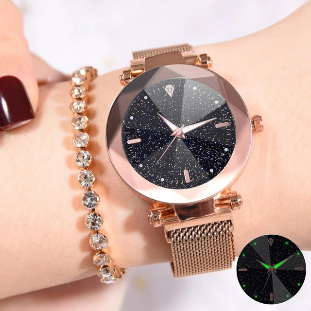Новые женские часы Модные Роскошные Кварцевые часы с магнитной пряжкой ремешок из нержавеющей стали преломляющая поверхность светящиеся часы с циферблатом - Цвет: Розовый