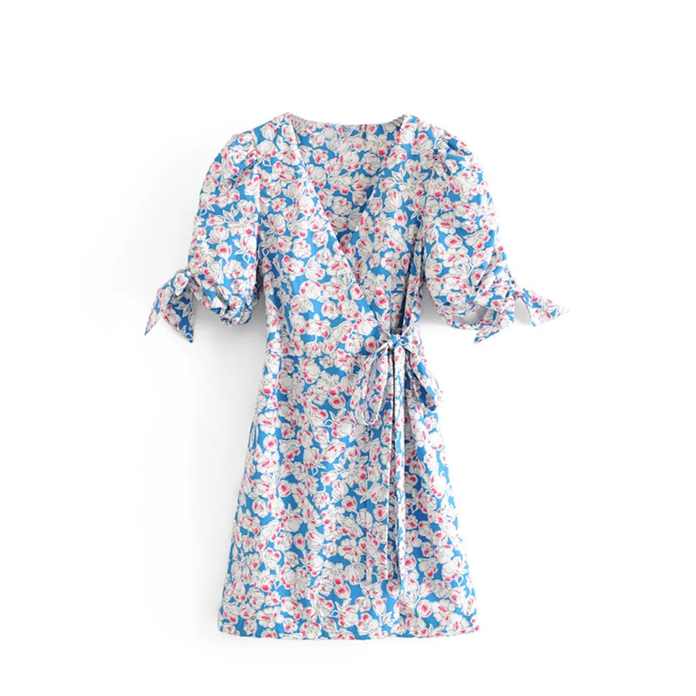 

New TRF Women's Clothes French Antique Printed Poplin V-collar Short Sleeve Careful Machine Short Dress for Summer 2019