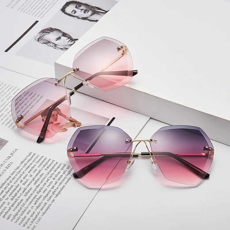 Oulylan классические негабаритные солнцезащитные очки для женщин Ретро Алмазная огранка солнцезащитные очки без оправы морской цвет линзы женские очки