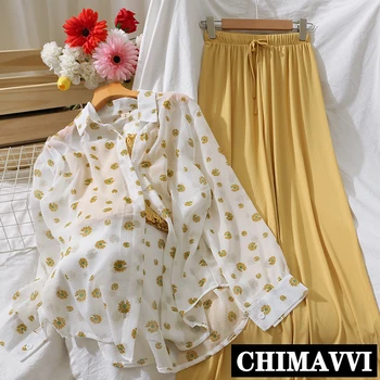 

2020 Summer New Sweet Holiday Beach Clothing Suit Female Sling Top + Flowers Cardigan Shirt + Wide Leg Pants Three-Piece Suit