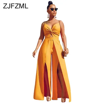 

Double High Split Wide Leg Jumpsuit For Women Yellow Spaghetti Strap Backless Beach Romper Summer Deep V Neck Sleeveless Overall
