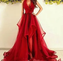 

Sexy Red Halter V neck A Line Tulle Sweep Train Simple Ruffle Prom Dresses Prom Dress Custom Made 2020 Formal gown Evening Wear