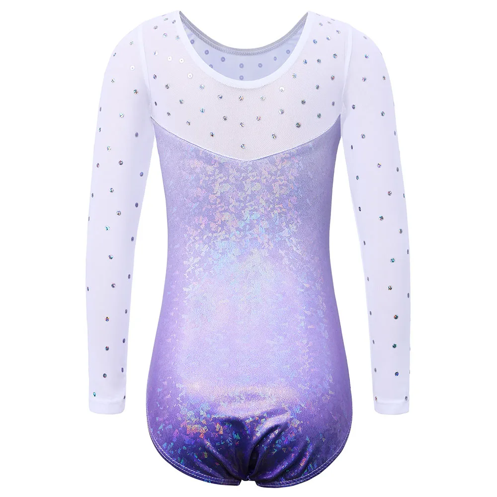 Long Sleeve Mesh Patchwork Leotards for Girls Toddler Kids Diamond Gymnastics Jumpsuit Bodysuit Teens Gymnastics Clothes