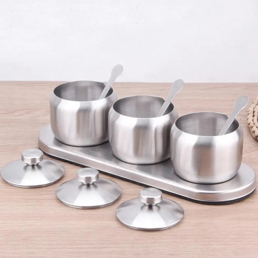 

Seasoning Containers Set Spice Jar Spice Rack Condiment Cruet Bottle Salt Pepper Sugar with 3 Serving Spoons And Non-slip Base
