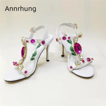 

Printed Flower Genuine Leather Sandals Women Sexy Open Toes High Heel T-straps Diamond Rhinestone Wedding Shoes Woman