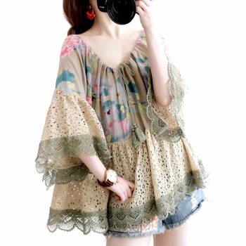 

Original Design AIGYPTOS Summer Women Vintage Elegant Shirts Ladies Korean Sweet Cute Lace Patchwork Casual Loose Cotton Blouses