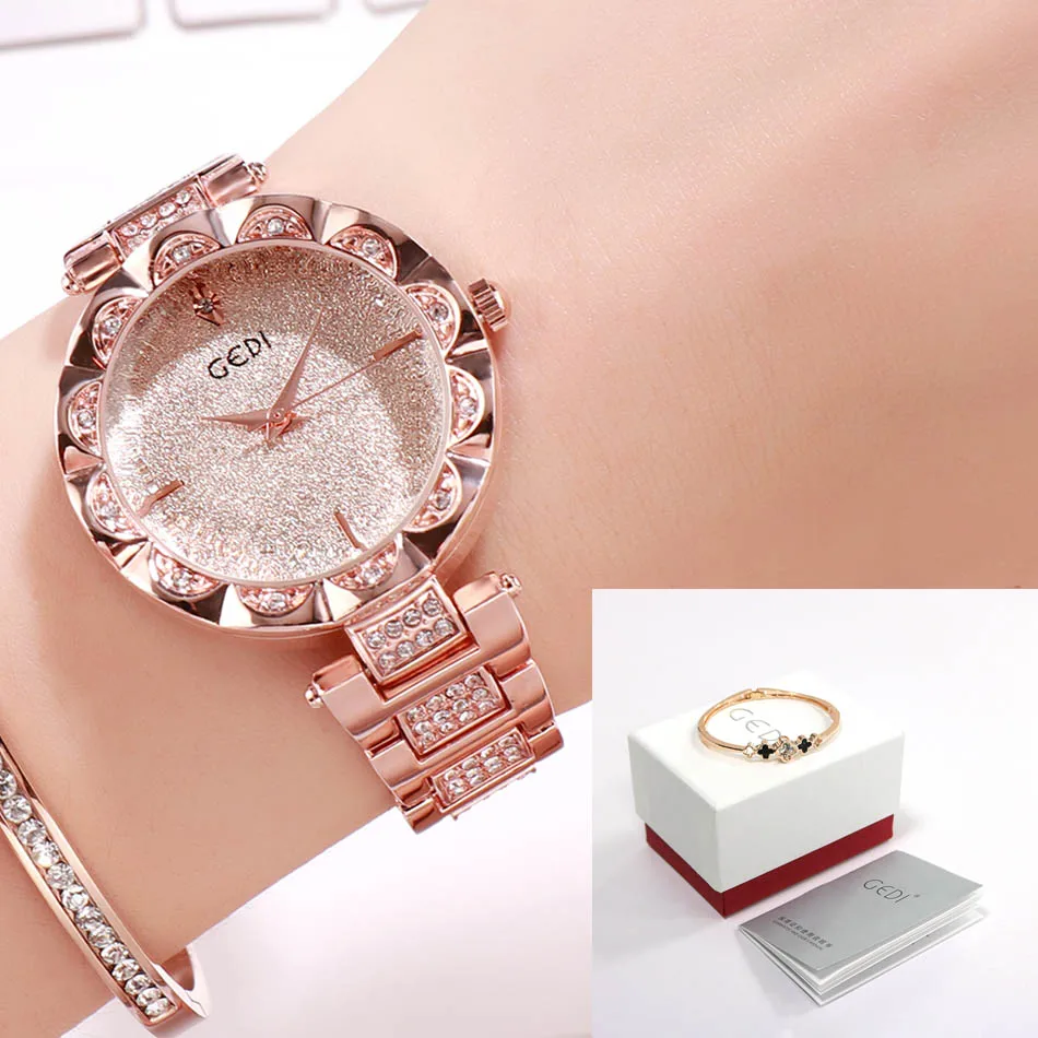 GEDI брендовые роскошные женские часы из розового золота, женские модные часы с кристаллами, полностью стальные женские часы, relogio feminino horloge dames - Цвет: Rosegold box