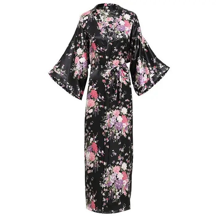 Женский Повседневный халат-кимоно большого размера, изысканное ночное белье с цветочным принтом, домашняя одежда, удобное мягкое банное платье Ночная одежда, 5XL 6XL - Цвет: Black1