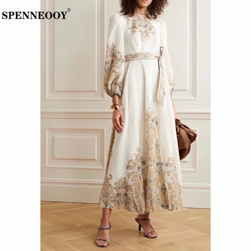 

SPENNEOOY Designer Custom Runway Women Spring Vintage Long Dress Lantern Sleeve Printed Bow Knot Ladies Maxi Dresses Vestidos