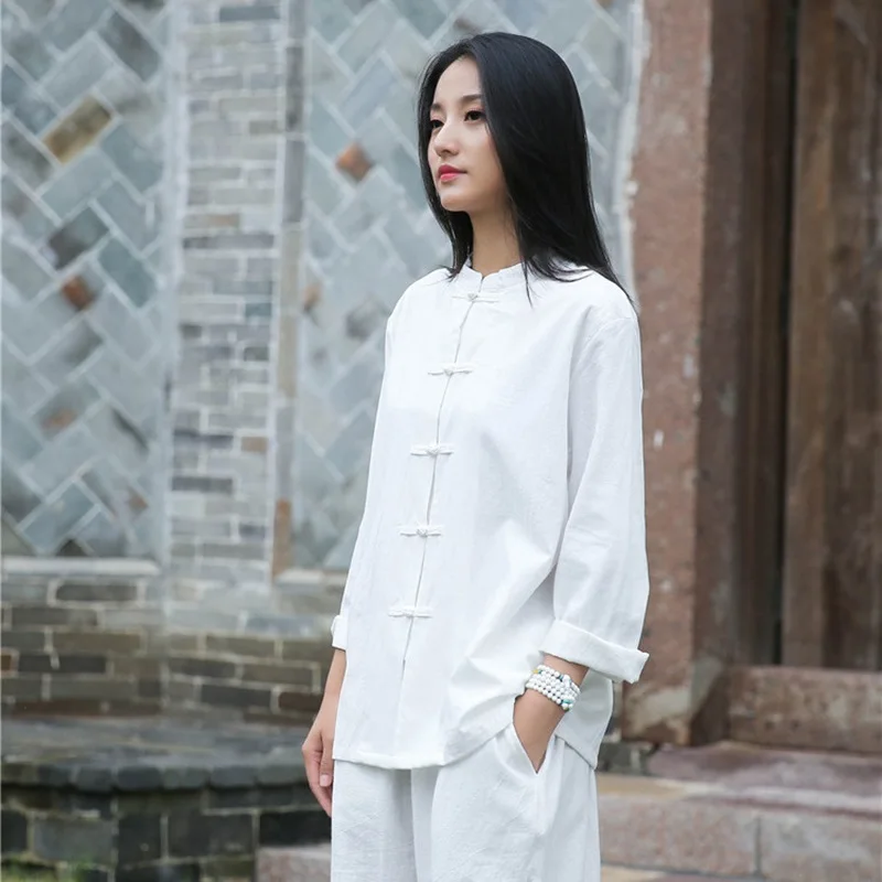Women Long sleeve Shirt Autumn Chinese style Shirt Blouse Cotton Linen Vintage Qigong Tai Chi clothes V1997